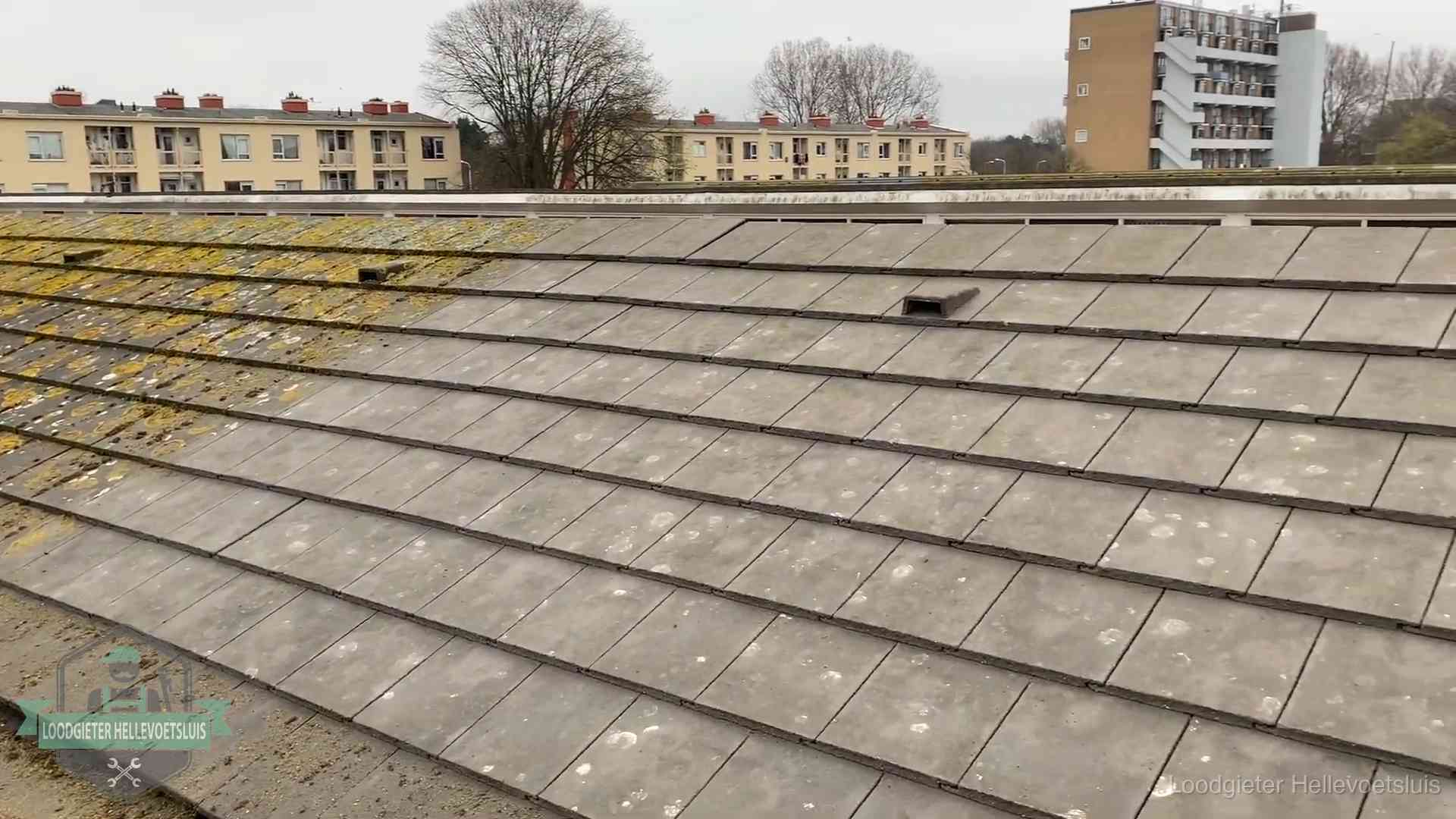 Dakpannen op een schuin dak in Hellevoetsluis Schuin dak met betonpannen vol mos in Hellevoetsluis, een risico op lekkage bij de pannen